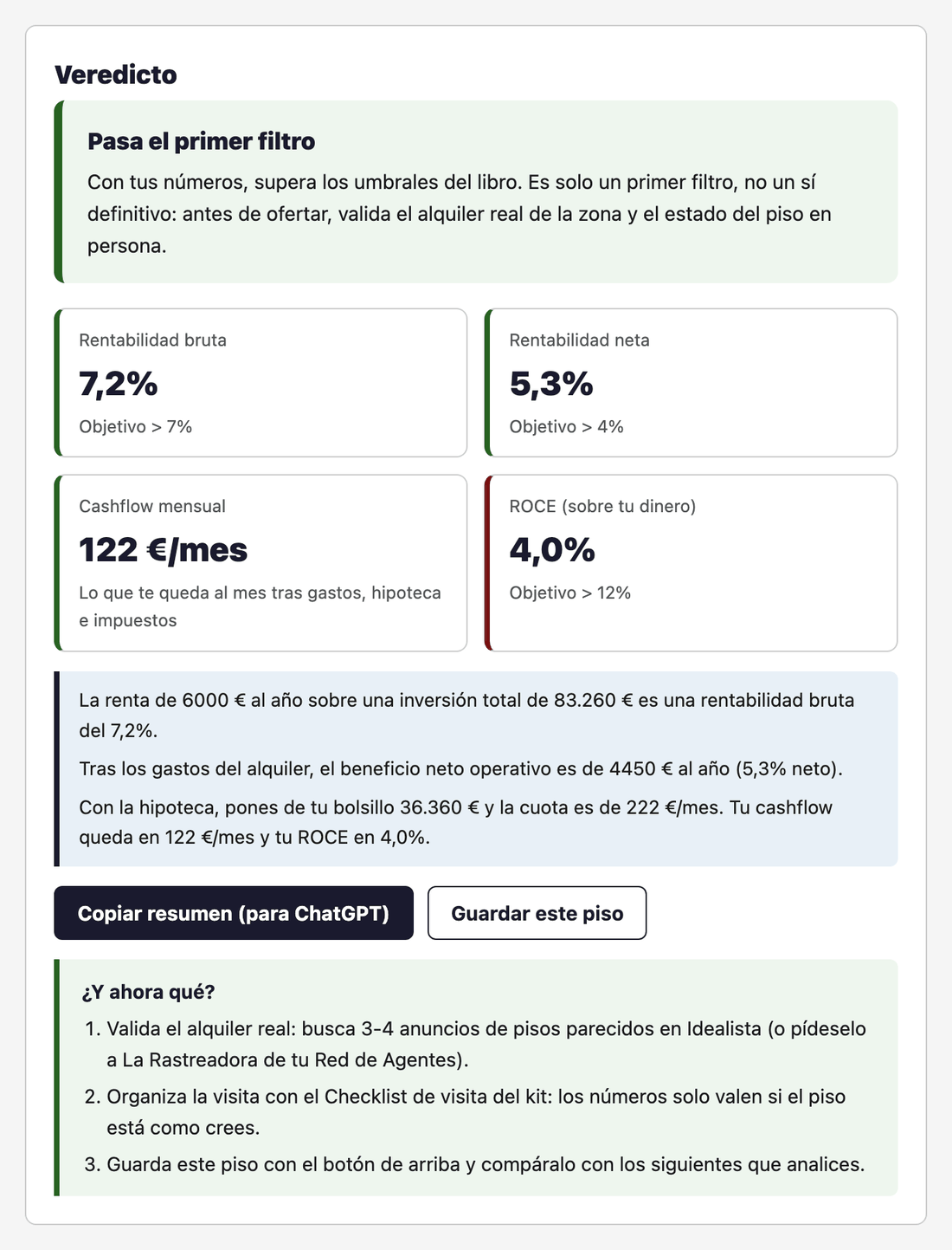 La calculadora del kit analizando el caso real de Zaragoza: rentabilidad bruta 7,2 %, neta 5,3 %, cashflow 122 €/mes y ROCE en rojo